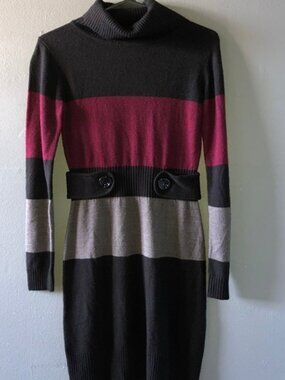 Y2K Vtg 80s 90s Color Block Dress Sweater Long Sleeve Belted Sz XS Stretch (M6)